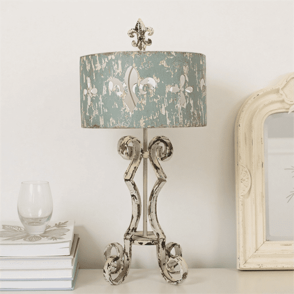 Chic Vintage Table Lamp with Distressed Design and Decorative Blue Shade for Rustic Home Decor