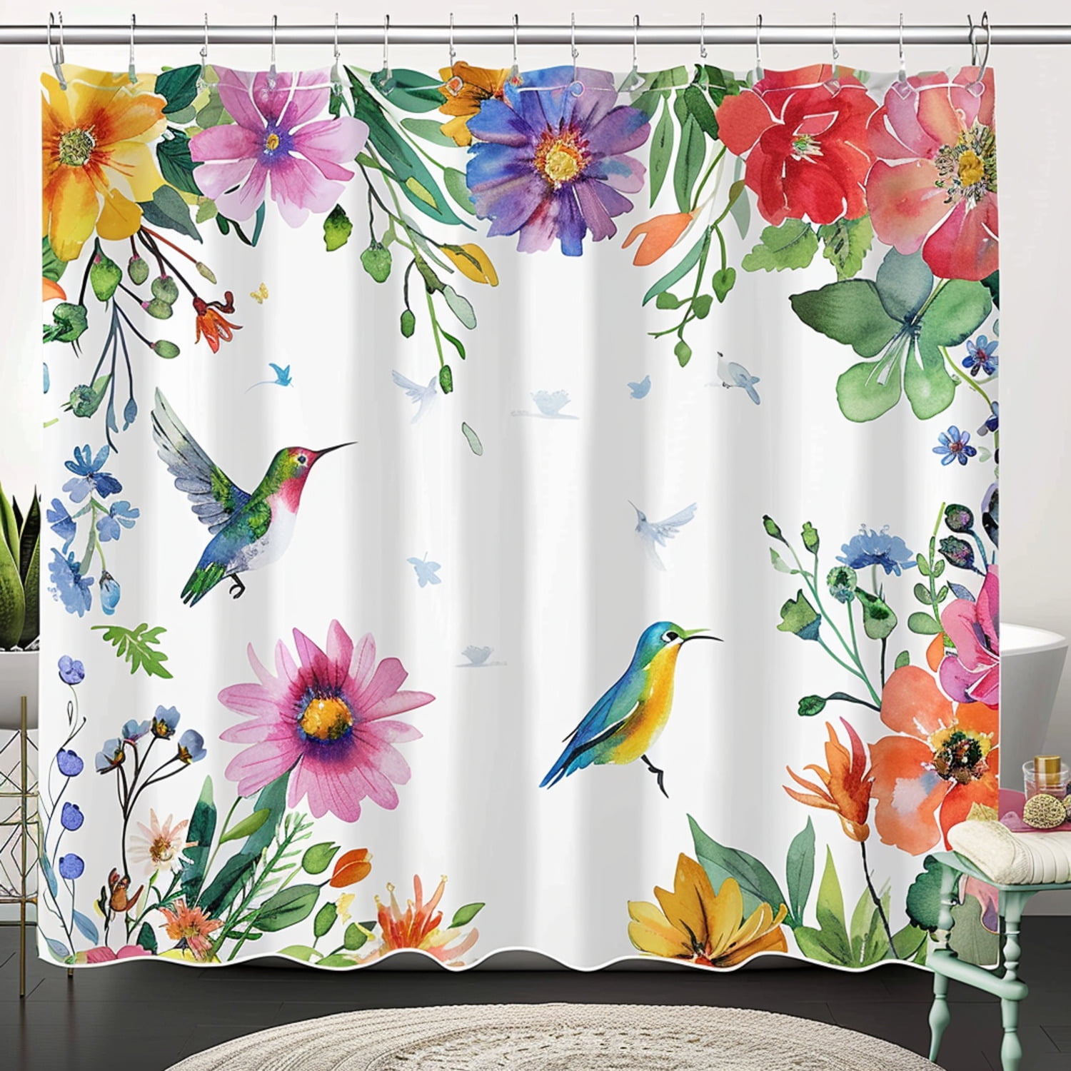 Chic Watercolor Floral Shower Curtain Set Vibrant Flowers