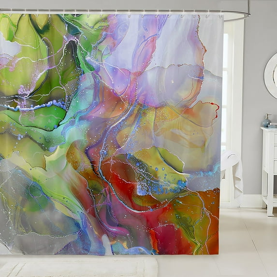Chic Watercolor Shower Curtain Green Purple Red Marble Waterproof Bathroom Curtain,Stone Pattern Bath Curtain Tie Dye Shower Curtain Set,Aesthetic Foil Print Bathroom Accessories