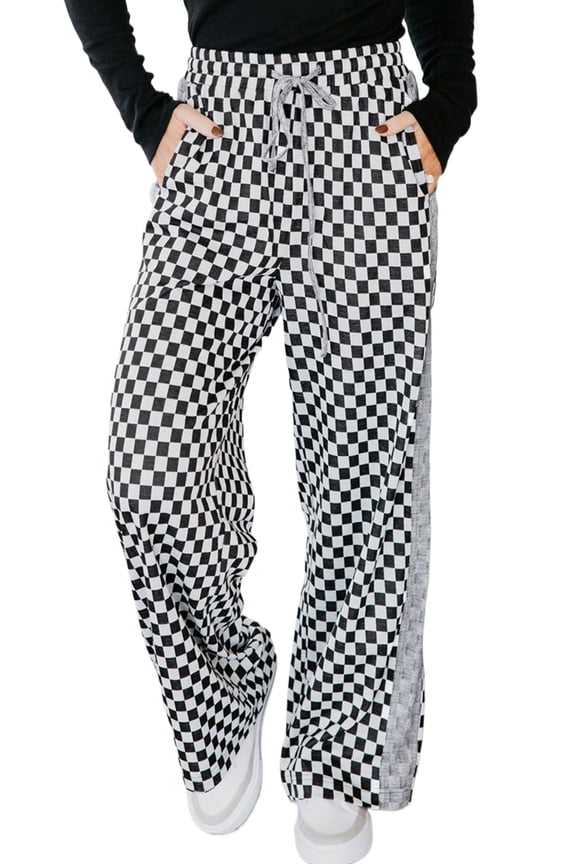 Chic White Checkerboard Drawstring Pants for Women – Perfectly Crafted for Fall Casual Outings, L