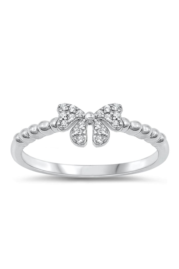 Chic White Cubic Zirconia Ribbon Ring .925 Sterling Silver Bow Band Jewelry Female Male Size 5