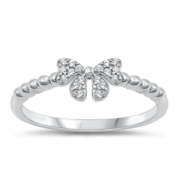 Chic White Cubic Zirconia Ribbon Ring .925 Sterling Silver Bow Band Jewelry Female Male Size 7