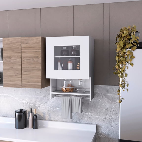 Chic White Kitchen Wall Cabinet With Shelf And Handy Towel Mount Wood For Glass Door Hanging Facility