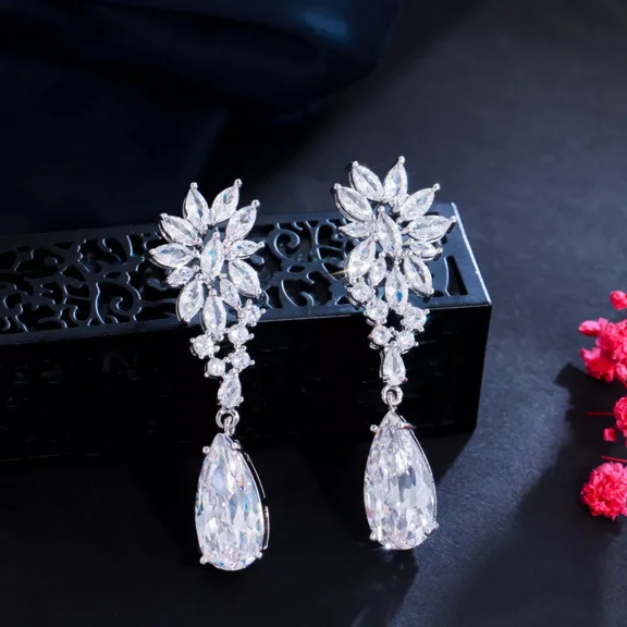Chic White Marquise Cut Leaf CZ Long Round Water Drop Earrings for Brides Women