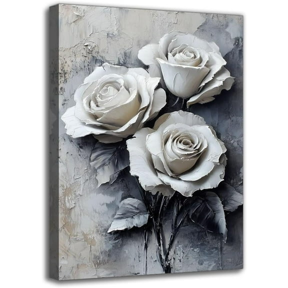 Chic White Rose Framed Canvas Wall Art Prints - Modern 3D Texture Abstract Floral Poster, Wall Decor for Living Room Office Cafe - Perfect for Thanksgiving Halloween Christmas New Year