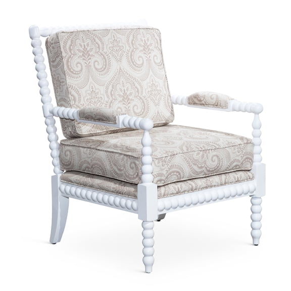 Chic White Spindle Chair With Taupe Paisley, Fabric, 27in Width Paisley Chair, Fine Woodwork, Stable Hardwood, 5in Cushion