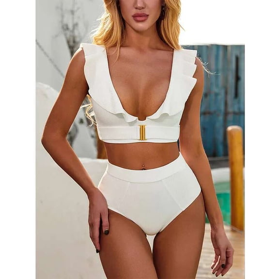 Chic White V-Cut Triangular Bikini for Women Featuring Metal Closure and Frill Detail