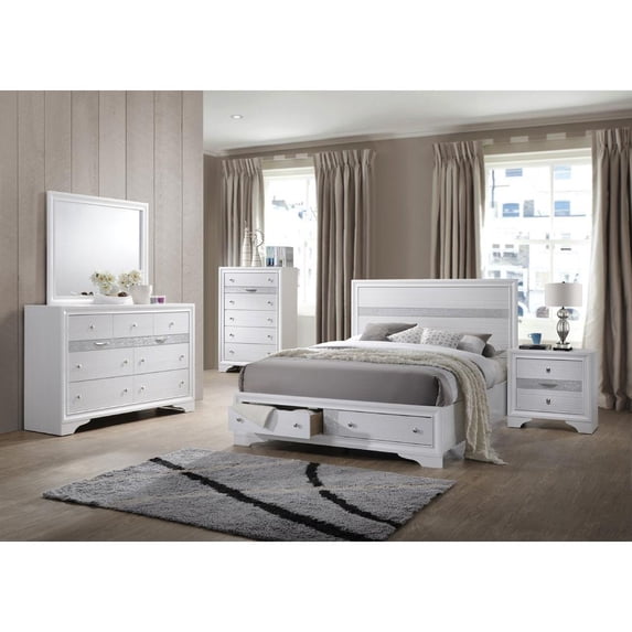 Chic White Wood Full Sized Platform Bed with Footboard Storage