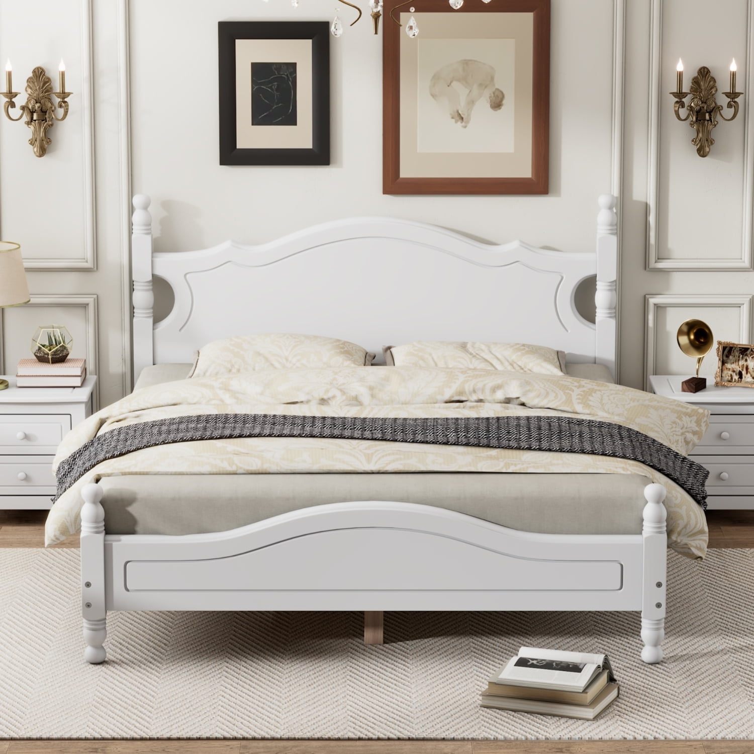 Chic White Wood Platform Bed Frame Retro Style Queen Size Bed with