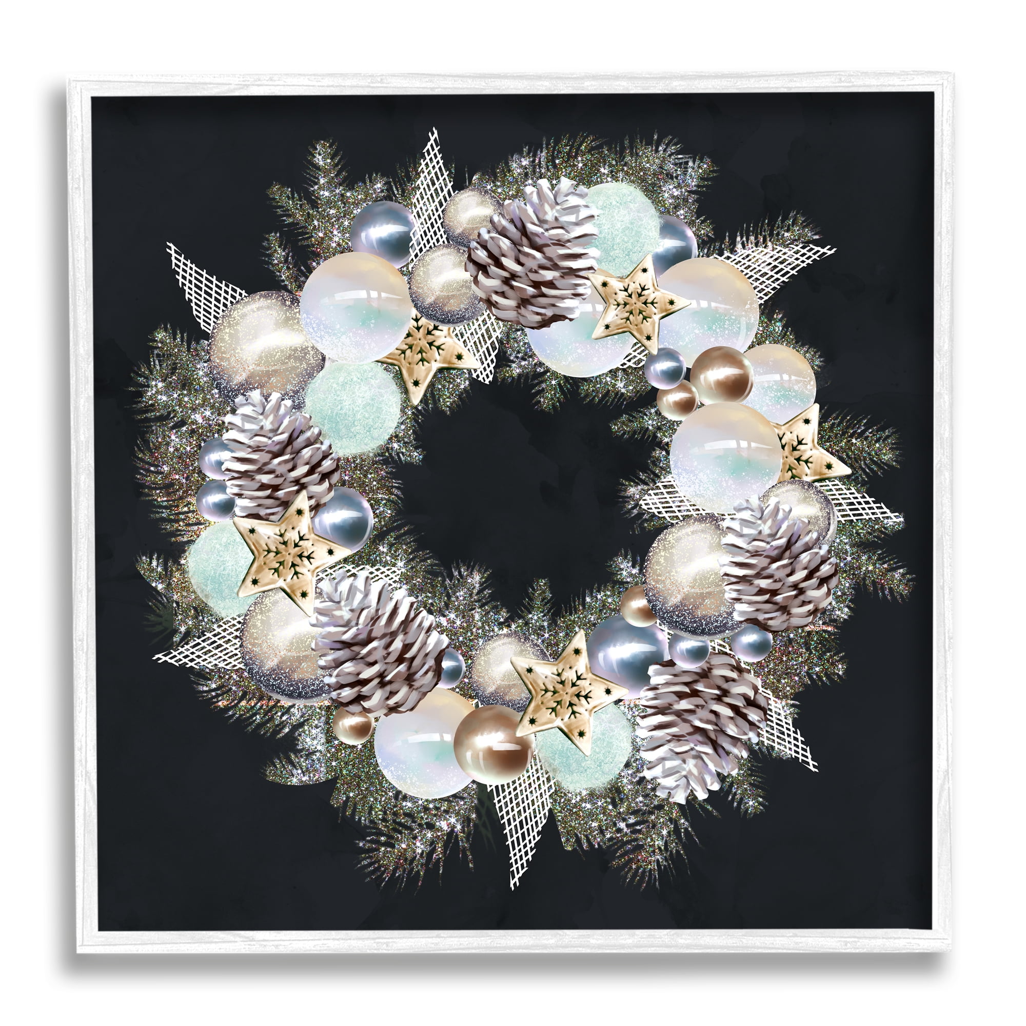 Chic Winter Ornament Wreath Pinecone Glitz Holiday Framed Art Print Wall Art, 17x17