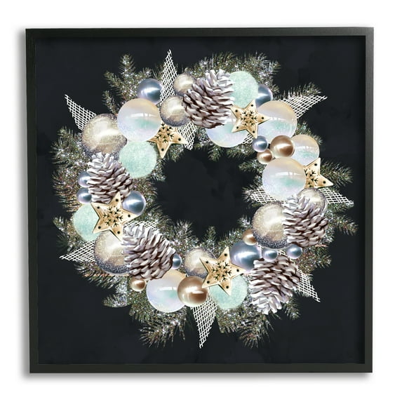 Chic Winter Ornament Wreath Pinecone Glitz Holiday Framed Art Print Wall Art, 17x17