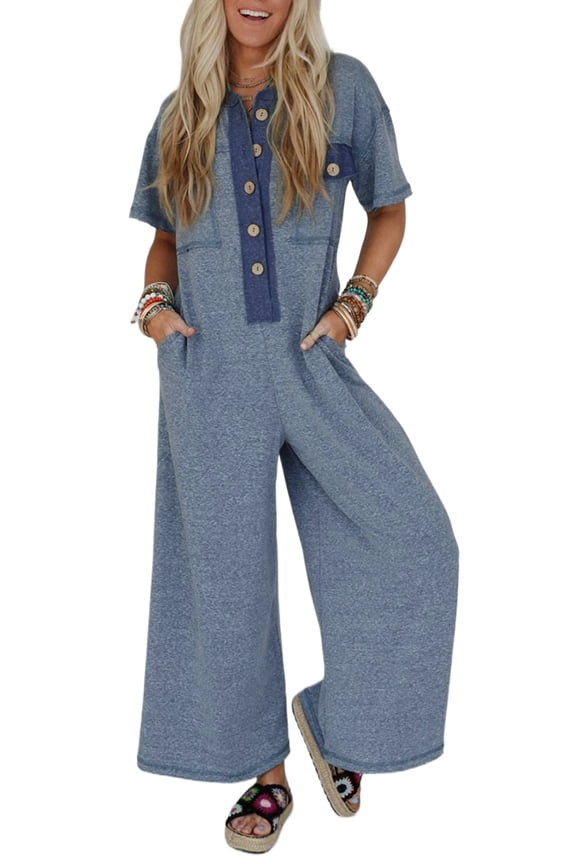 Chic Women's Beau Blue Half Placket Wide Leg Jumpsuit with Chest Pockets - [ZhiHiMeRi] | (US 12-14)L
