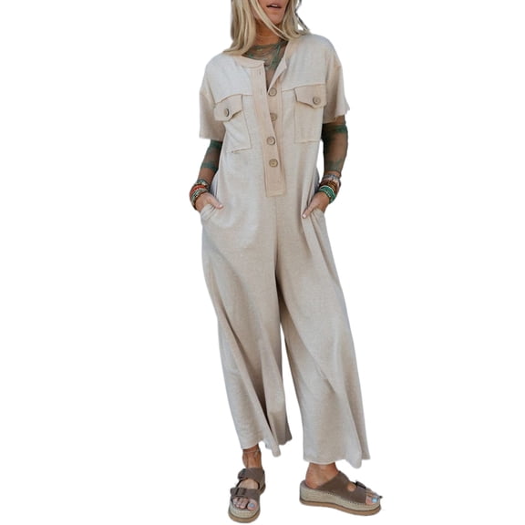 Chic Women's Beige Half Placket Jumpsuit with Chest Pockets and Short Sleeves | [ZhiHiMeRi] | (US 12-14)L