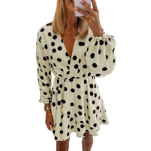 Chic Women's Beige Polka Dot Mini Dress with Surplice V Neck and Puff Sleeves - [ZhiHiMeRi] | (US 12-14)L