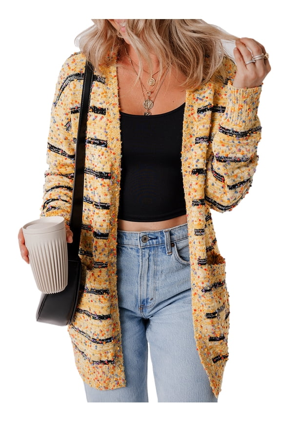 Chic Women's Beige Striped Pom Pom Knit Open Front Long Cardigan | [ZhiHiMeRi] | (US 12-14)L