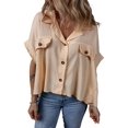 thumbnail image 1 of Chic Women's Beige Waffle Splicing Short Batwing Sleeve Shirt with Flap Detail - [ZhiHiMeRi] | (US 12-14)L, 1 of 11