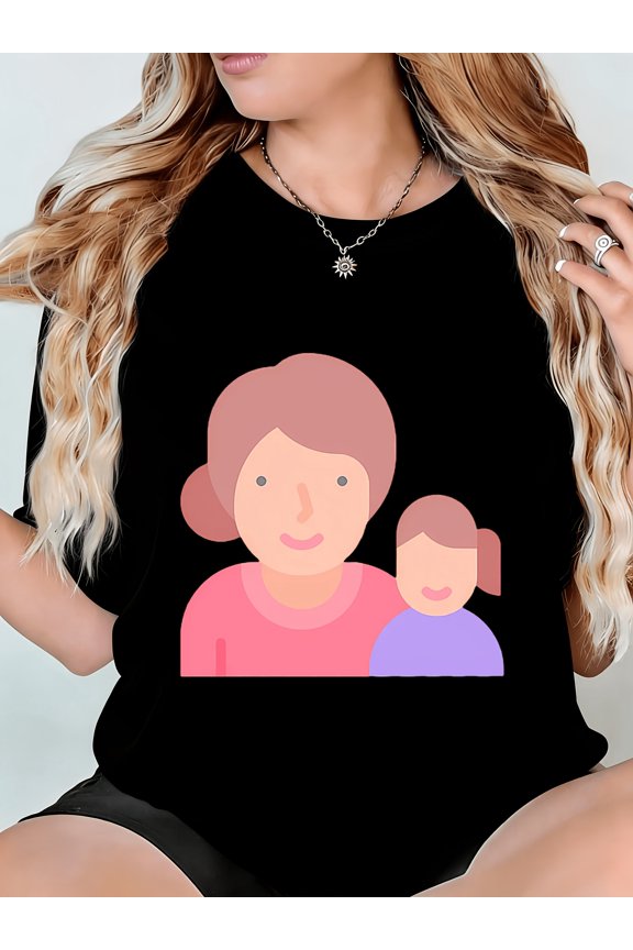 Chic Women's Black Graphic T-Shirt with Adorable Stylized Loving Figures Print, Comfortable Casual Everyday Top