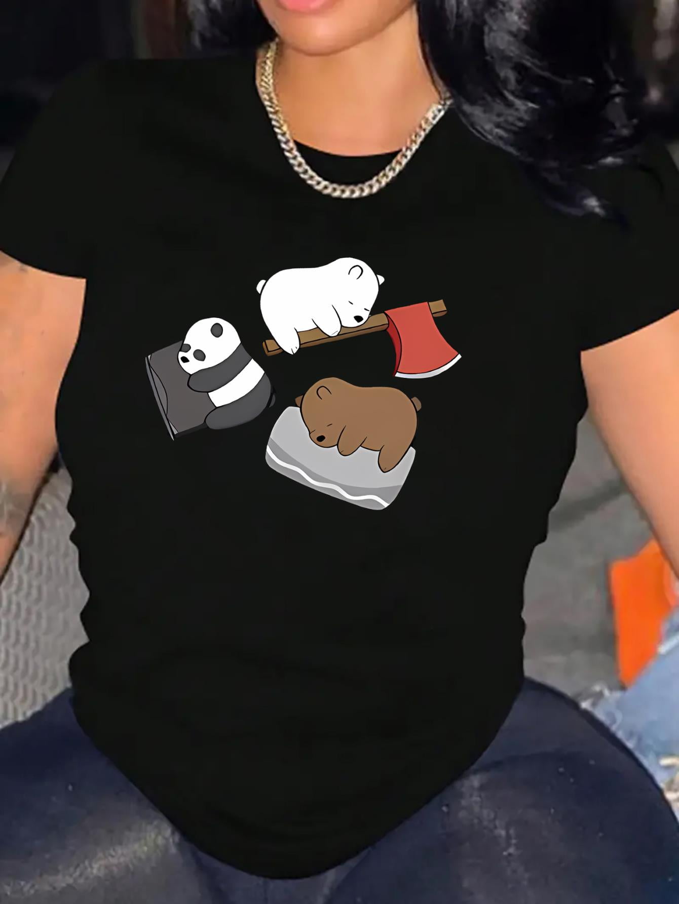 Chic Women's Casual T-Shirt with Cute Bear & Panda Print - Comfy