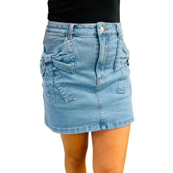 Chic Women's Dusk Blue Acid Wash High Waist Denim Skirt with Bowknot Pockets | [ZhiHiMeRi] | (US 12-14)L