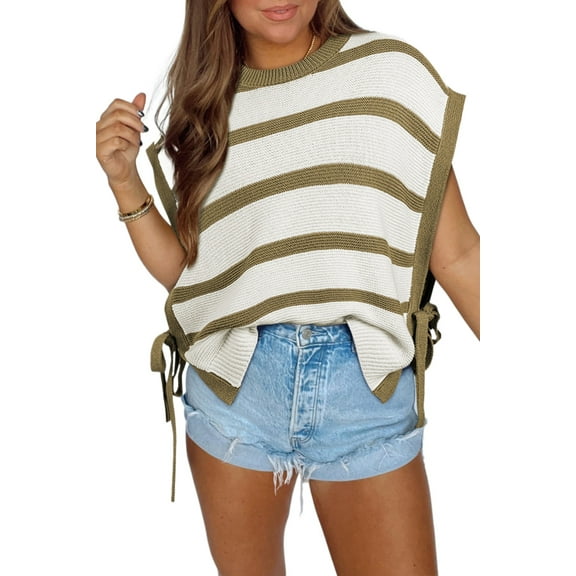 Chic Women's Khaki Stripe Tie Open Side Knitted Sweater Top | [ZhiHiMeRi] | (US 12-14)L