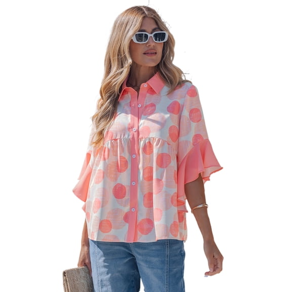 Chic Women's Pink Polka Dot Shirt – Ruffle Trim Short Sleeve Top with Button Details, Southern Belle Style, M