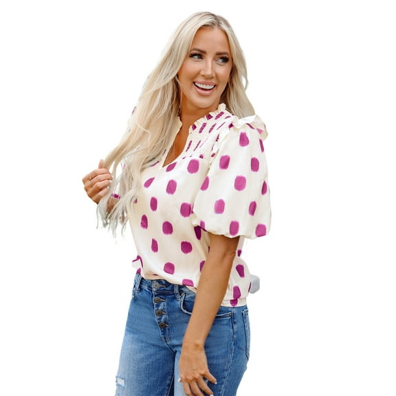 Chic Women's Rose Polka Dot Print Balloon Sleeve Blouse with Notched Neck | [ZhiHiMeRi] | (US 12-14)L