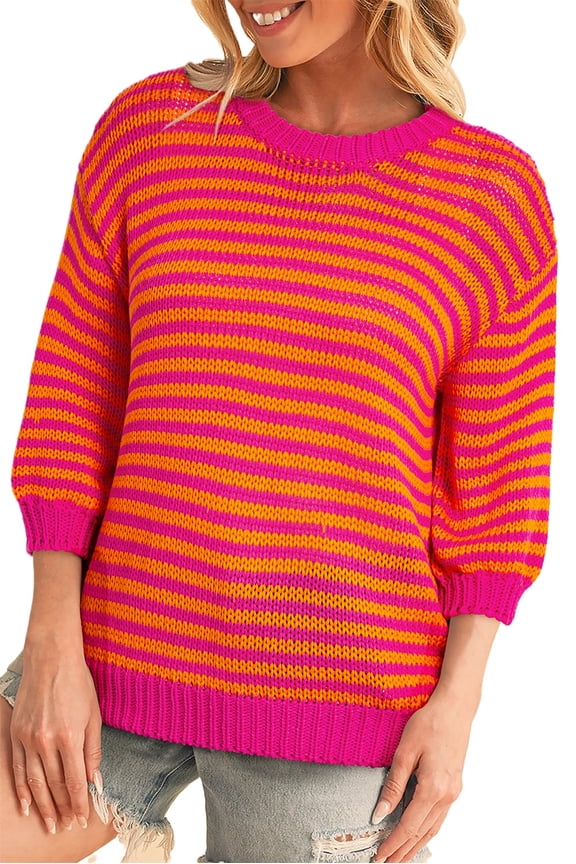 Chic Women's Rose Stripe 3/4 Puff Sleeve Drop Shoulder Sweater | [ZhiHiMeRi] | (US 16-18)XL