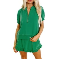 Chic Women's Sea Green Half Zip Puff Sleeve Top and Ruffled Shorts Set - [ZhiHiMeRi] | (US 12-14)L
