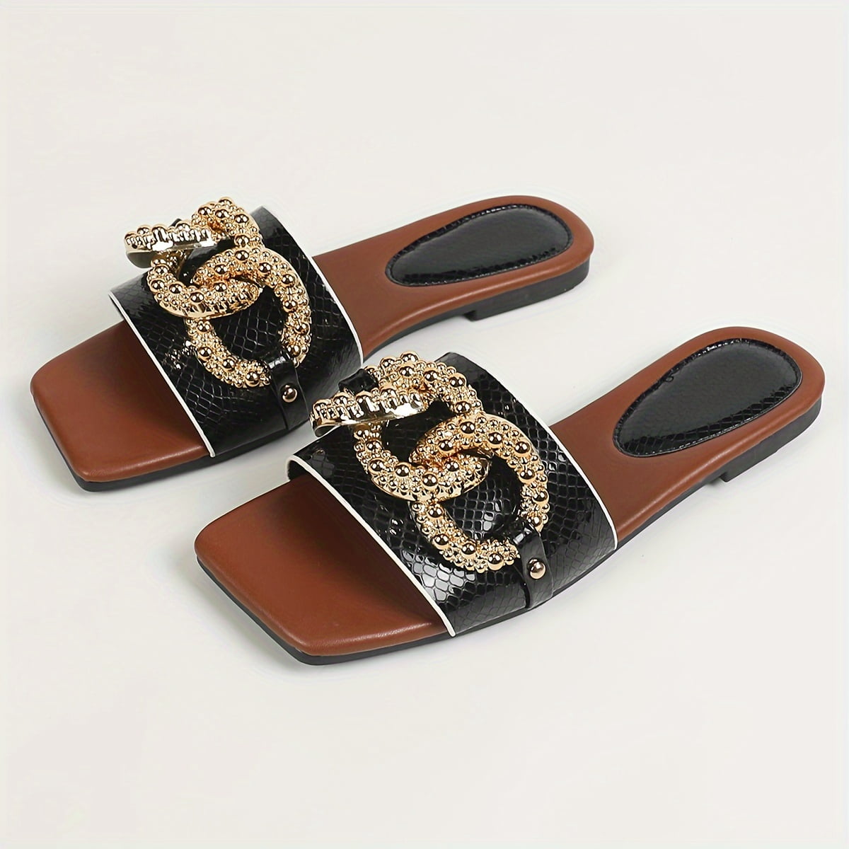 【COLOR iN ID】Chic Chain Square Mule Chic Women's Slide Sandals with Chain Accent - Lightweight