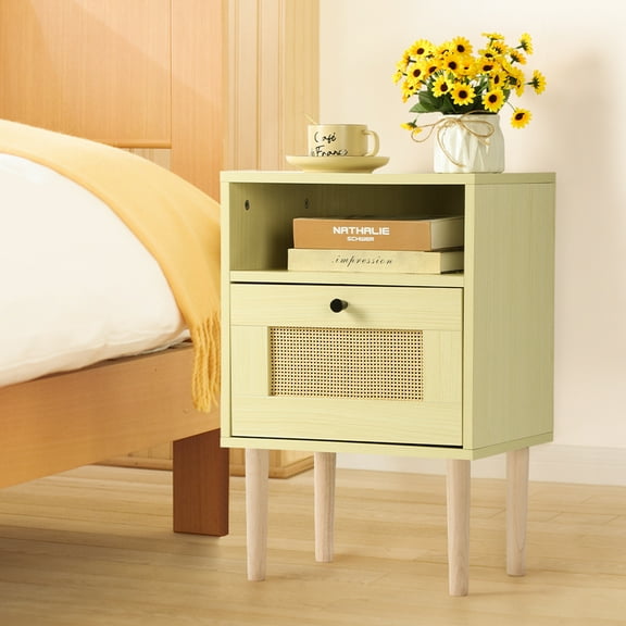 Chic Yellow 2-Tier Nightstand with Drawer, Hardwood Side Table for Bedroom, Living Room Storage, Compact Light Wood Finish for Small Spaces