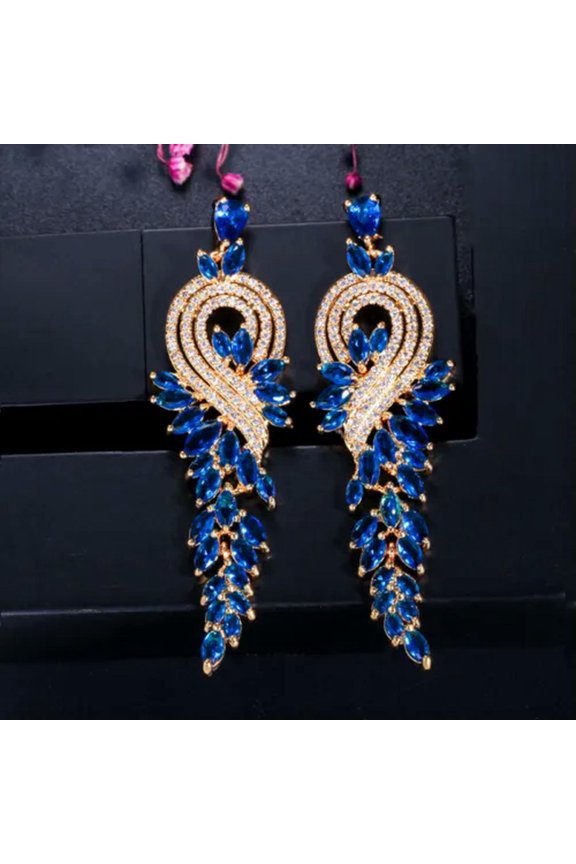 Chic Yellow Gold Red CZ Stone Long Leaf Dangle Drop Earrings for Dancing Party