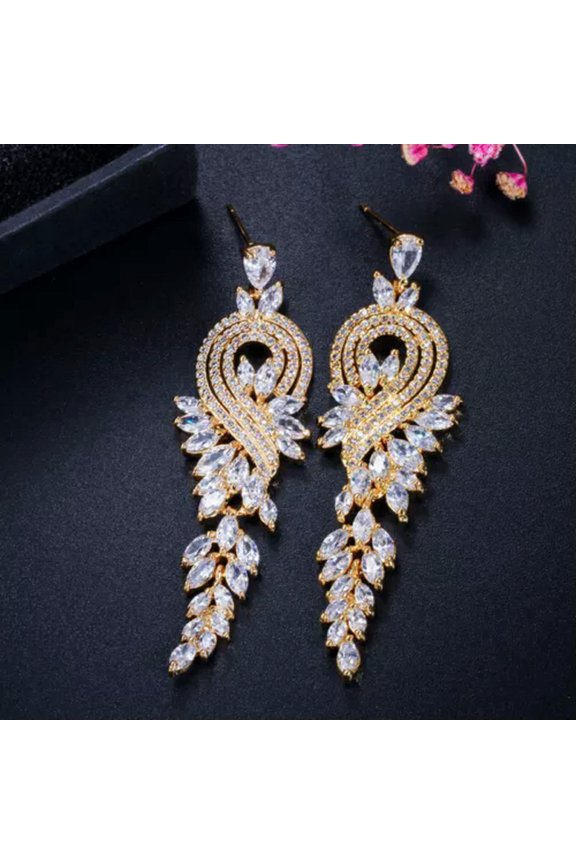 Chic Yellow Gold Red CZ Stone Long Leaf Dangle Drop Earrings for Dancing Party