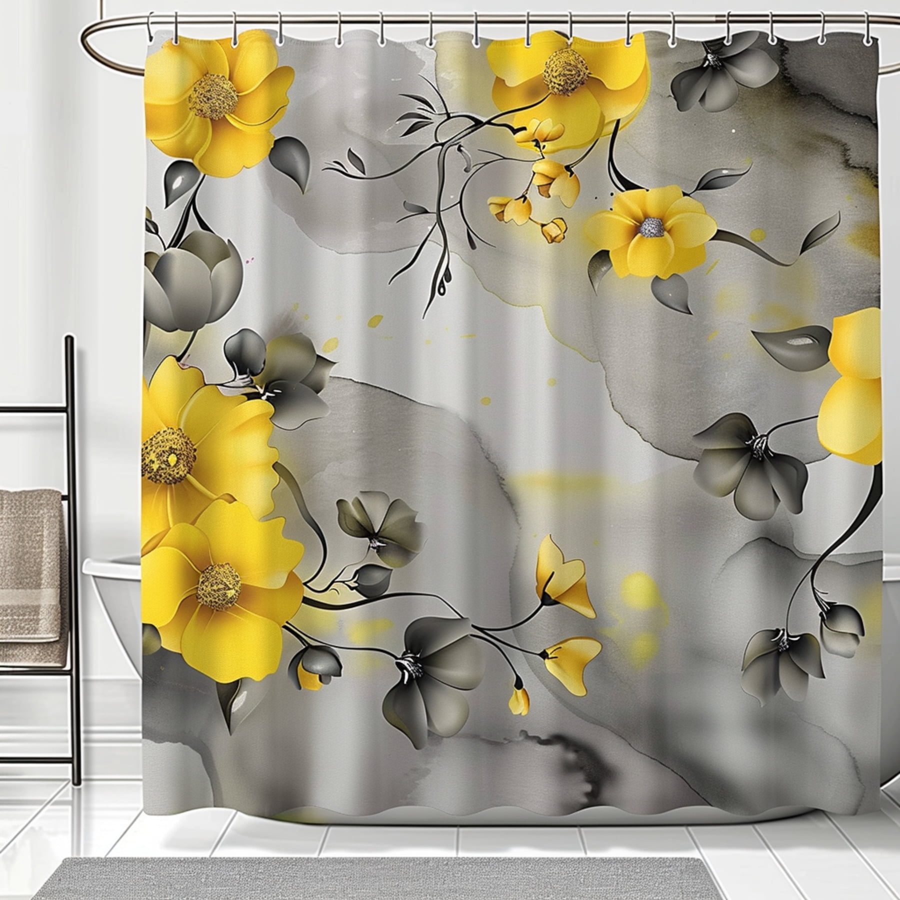Chic Yellow and Gray Floral Shower Curtain Watercolor Design Bathroom