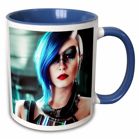 3drose, Chic Young Woman Cyberpunk Cyborg. Blue Hair, Red Lips. Digital Art, 15oz Two-tone Blue Mug