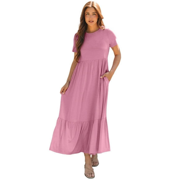 Chic and Casual Pink T-Shirt Style Maxi Dress with Side Pockets - [ZhiHiMeRi] | (US 8-10)M