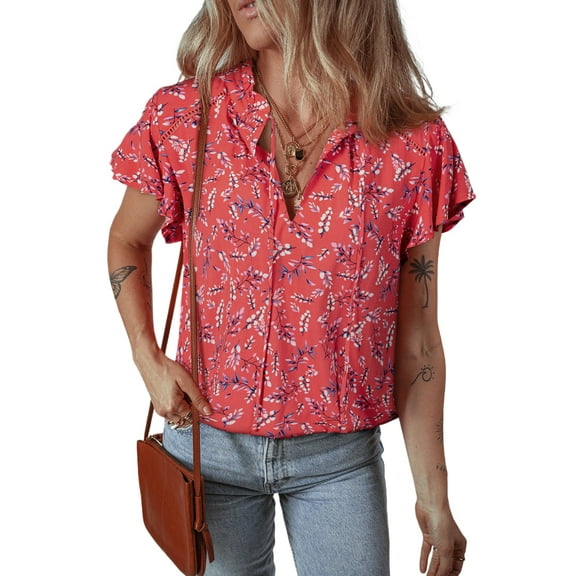 Chic and Casual Red Floral Blouse - V Neck with Ruffle Detail | [ZhiHiMeRi] | (US 8-10)M