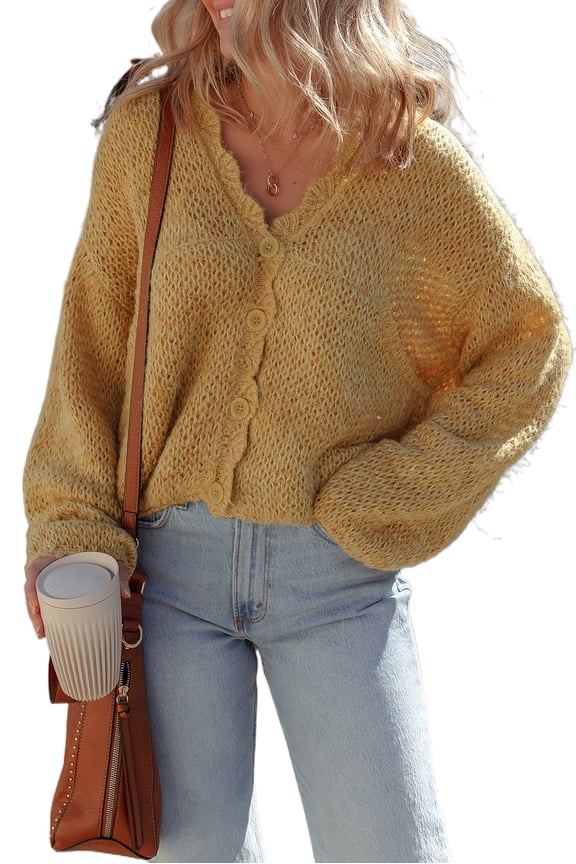 Chic and Elegant Lantern Sleeve Cardigan - Light French Beige V Neck - [ZhiHiMeRi] | (US 8-10)M