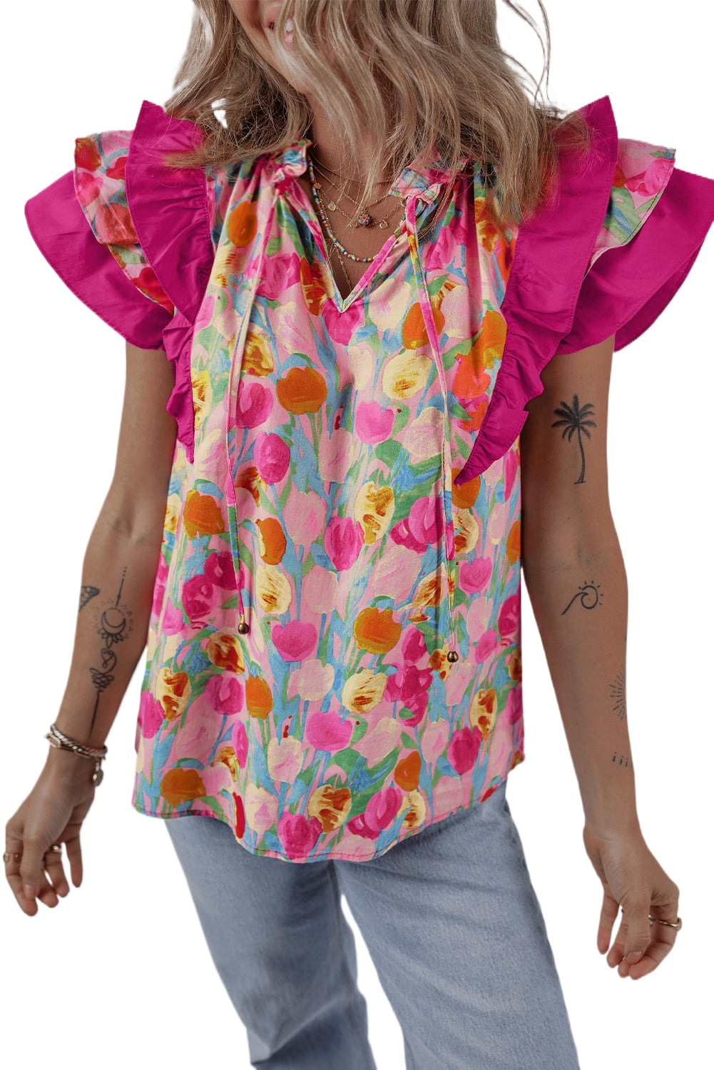 Pink Ruffle Neck Blouse Chic and Feminine Pink Floral Blouse with Ruffle Sleeves and Adjustable ...