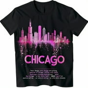 HAOY Chic and Glamorous Chicago Skyline TShirt Sparkling Pink Glitter Design Ultra Detailed Cityscape Romantic Dreamy Vibes Perfect Gift for City Lovers