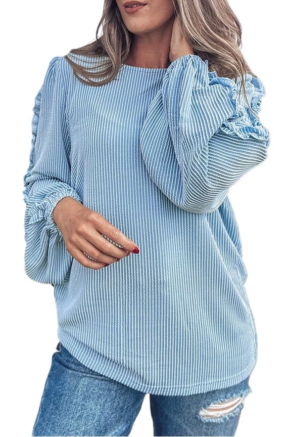 Chic and Playful Mist Blue Blouse with Ruffled Puff Sleeves - Perfect for Fall | [ZhiHiMeRi] | (US 8-10)M
