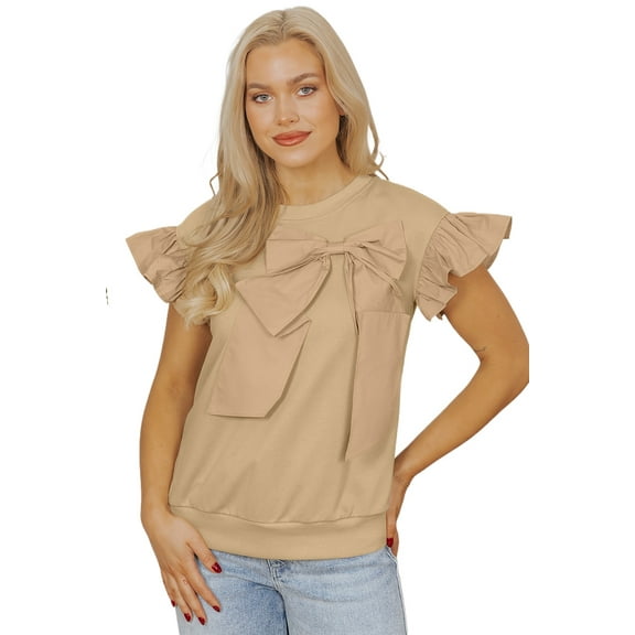 Chic and Playful Parchment Blouse - Two-Tone Ribbon Bow Design | [ZhiHiMeRi] | (US 8-10)M