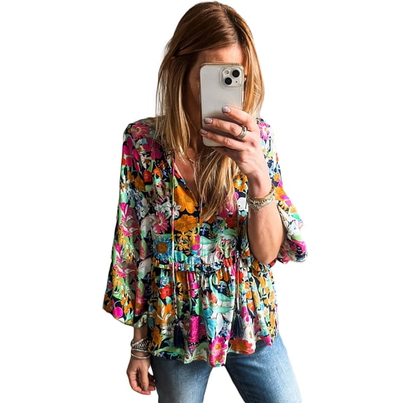 Chic and Romantic Floral Blouse - Multicolour Print with Bubble Sleeves | [ZhiHiMeRi] | (US 8-10)M