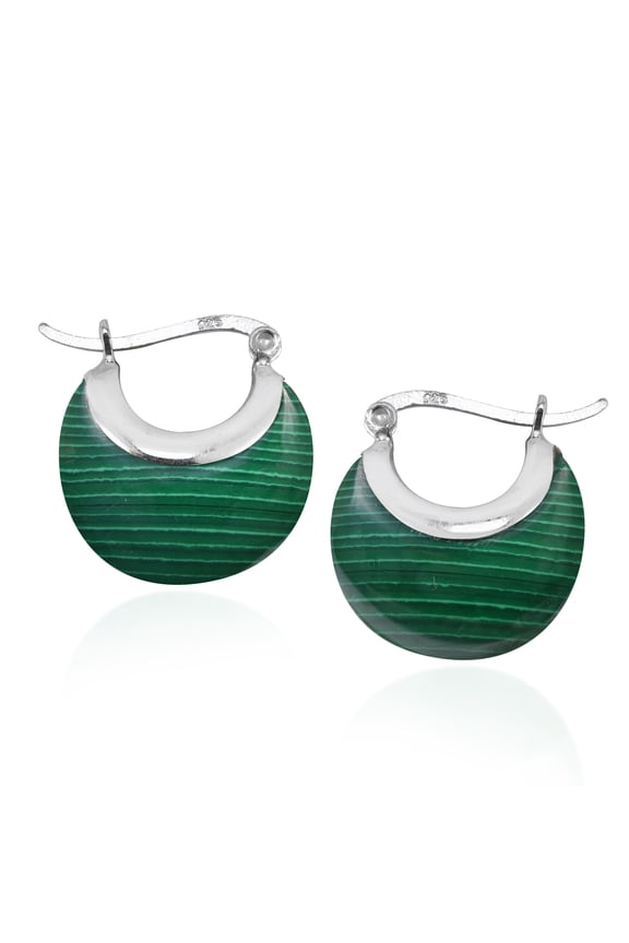 Chic and Sleek Green Malachite Crescent Moon on Sterling Silver Huggie Earrings