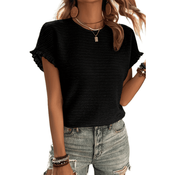 Chic and Sophisticated: Black Solid Short Sleeve Blouse with Ruffled Details