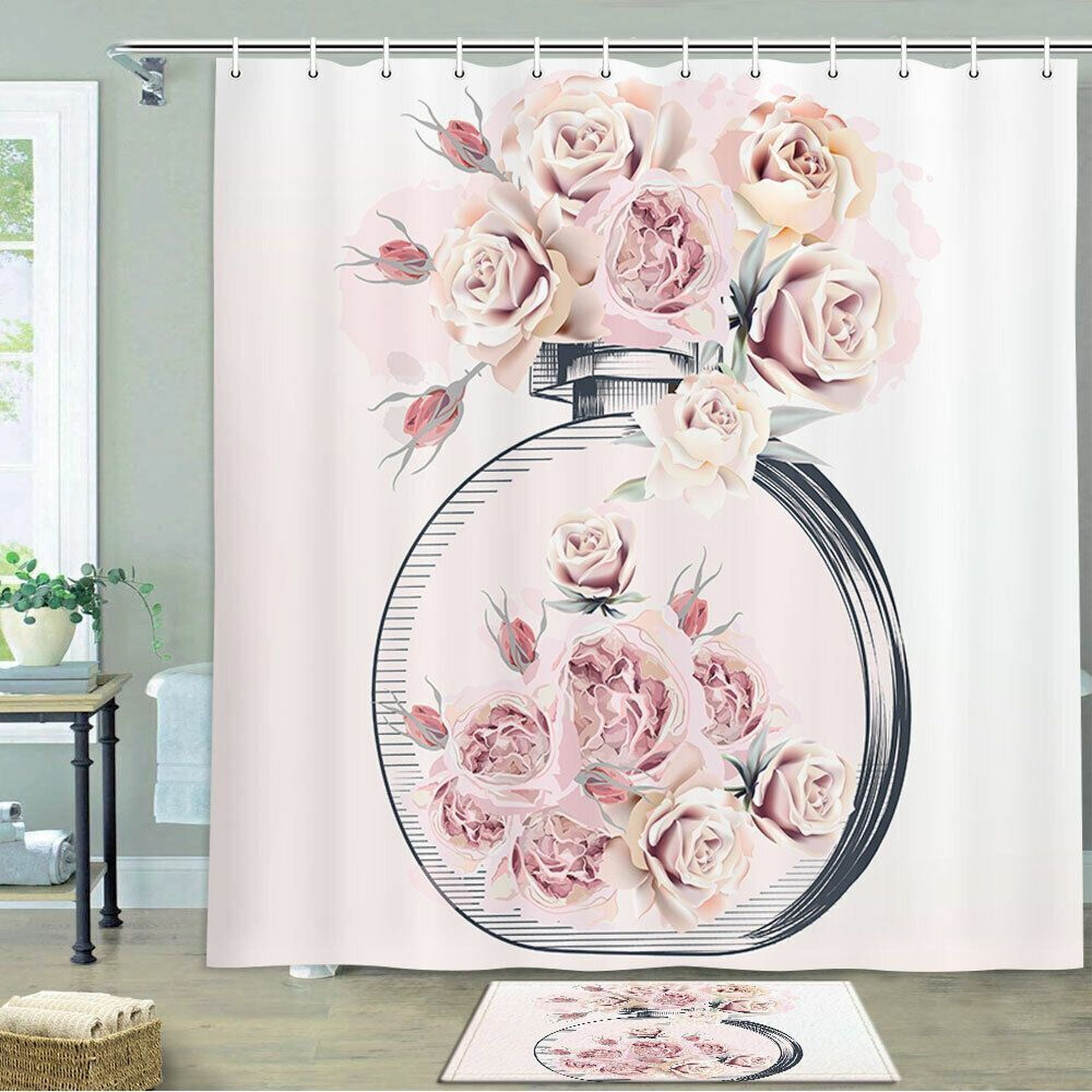 Chic And Stylish Modern Art Rose Bathroom Set With Shower Curtain And Floor Rug For Teens