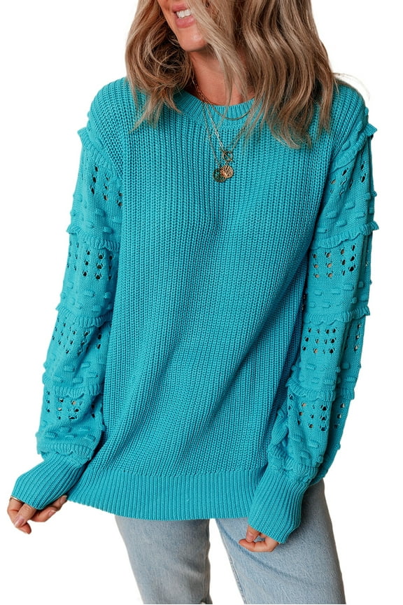 Chic and Stylish Turquoise Bubble Sleeve Knit Top with Ruffled Detail - [ZhiHiMeRi] | (US 8-10)M