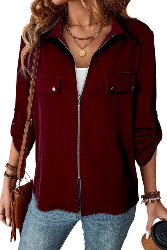 Chic and Versatile Red Dahlia Jacket - Turn Down Collar & Long Sleeves - [ZhiHiMeRi] | (US 16-18)XL