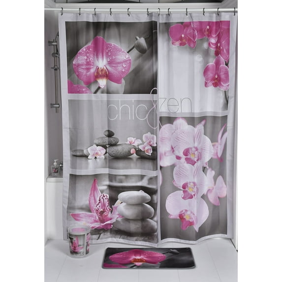 Tendance Evideco Printed Fabric Shower Curtain Chic and Zen Polyester - grey/ pink/ purple