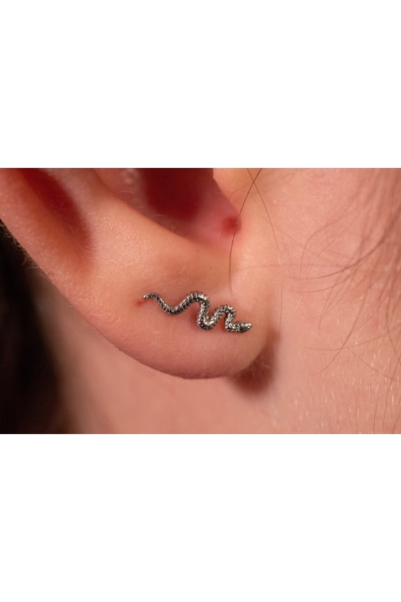 Tiny Snake Cartilage Earring, 316L Surgical Steel Threaded Conch Stud, Flat Back Tragus Earring with CZ Gem, Cartilage Piercing