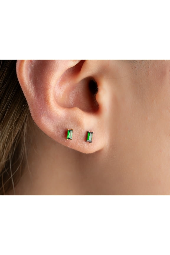 Titanium Emerald Baguette Push Pin Flat Back Labret Stud  Threadless Sleep Earring  Tragus  Helix, Cartilage, Nose Earring
